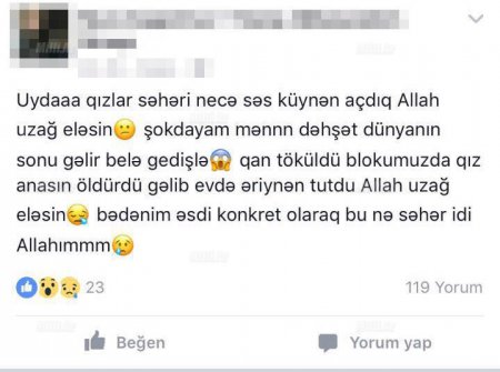 Ərini anası ilə yataqda SEVİŞƏRKƏN TUTDU və onu... - Bakıda DƏHŞƏT (FOTO)