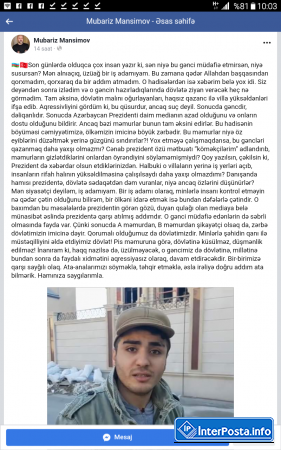 Mübariz Məsimov bloger Mehman Hüseynovdan yazdı: "Dövlətin malını oğurlayanları, villayüksəldənləri ifşa edib".
