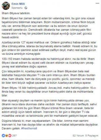 Emin Milli Prezidentə təşəkkür etdi: “Çox istərdim ki, Azərbaycana qayıdım”